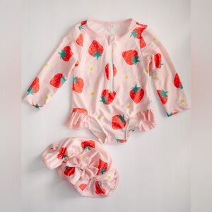 Baby Girl Strawberry Rash Guard Swimsuit Set 0-3M Pink Bow NWT